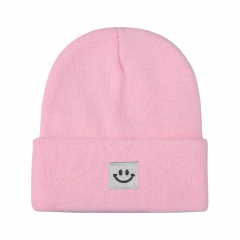 Pink Smiley Face Knit Beanie New